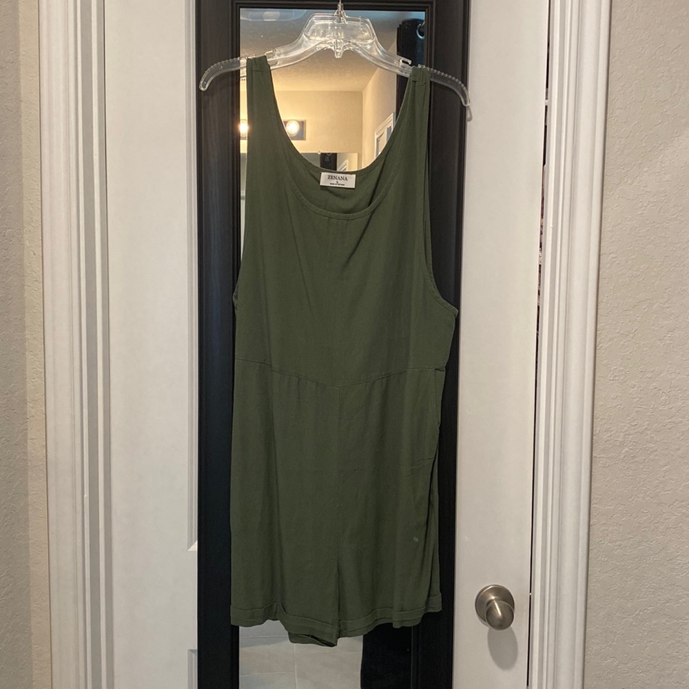 Olive green linen romper.